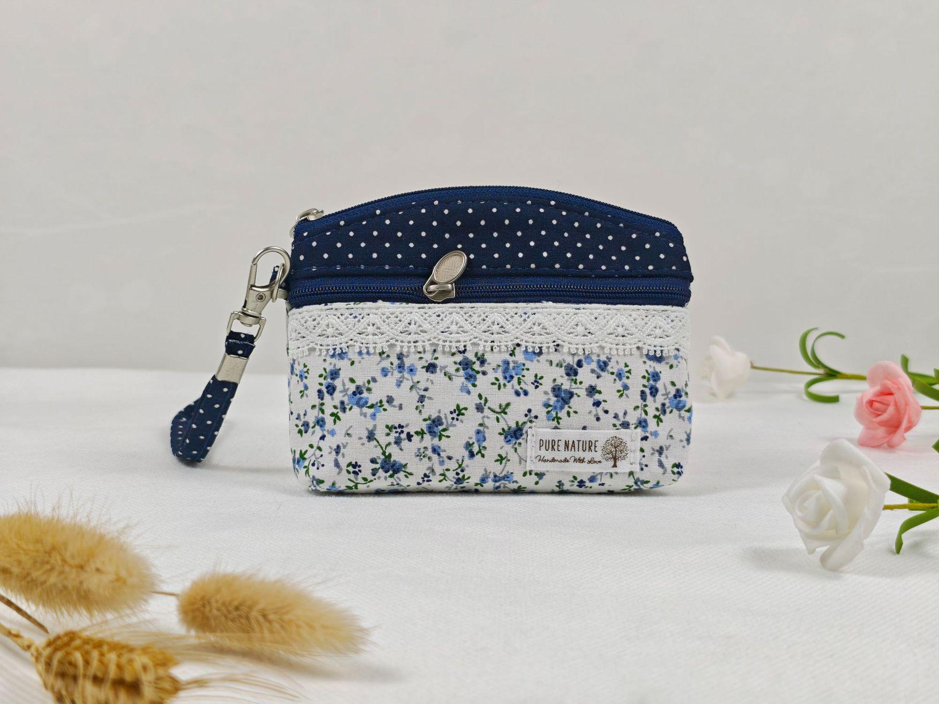 

Женский кошелек-монетница и держатель для ключей с двойной молнией, хлопковый, с пасторальным кружевом 13.5 x 10 x 2.5 cm