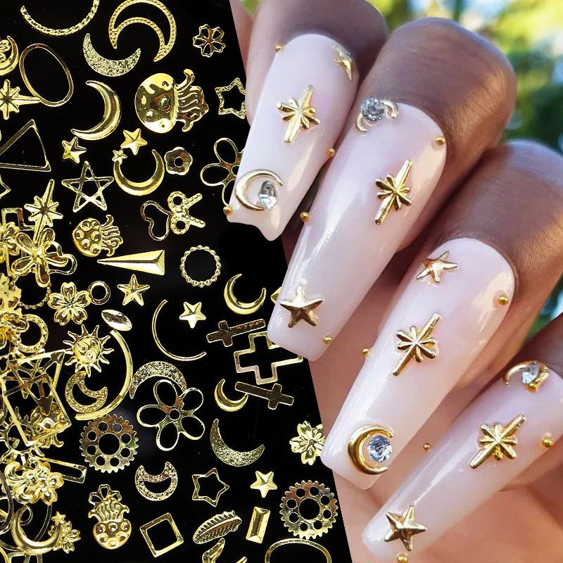 Nail Art Hollow Metal Jewelry, Large Capacity Gold Silver Star Shell Mixed Nail Patch