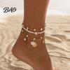 Imitation Pearl Anklet Beach for Women, Starfish Shell Fish Tail Pendant Boho Water-friendly Bracelet, Layered Faux Foot Chain Summer Vacation