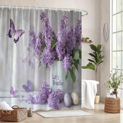 Lila Flieder Schmetterling Duschvorhang - Grauer Hintergrund, Holzdesign, 12 Haken, Waschbarer Polyester, Entspannende Badezimmerdeko