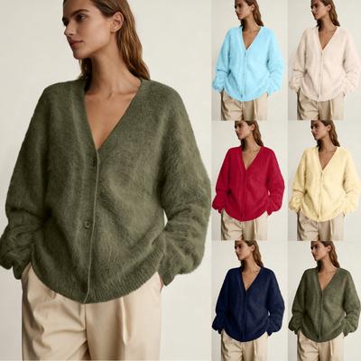 Damen Oversized Shaggy Cardigan Pullover Herbstmode Offene Vorderseite Strick Langarm Knopf Strickjacken