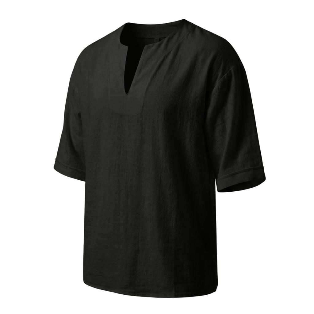Herren Leinen V-Ausschnitt T-Shirt - Mittellang Lockerer Schnitt Lässiges Sommer Top für den Alltag