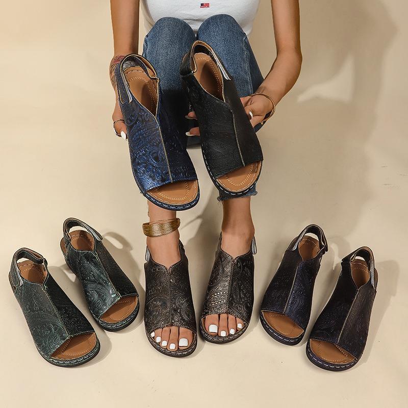 Summer new large size wedge heel sandals women's hollow flat heel open toe buckle with retro hole shoes