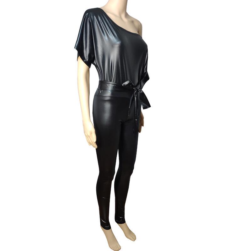 New Fashion Faux Leather Dress - Elastic Diagonal Neck & Batwing Short Sleeve