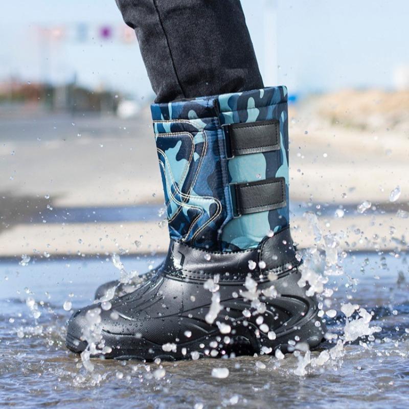 Winter Men's Rain Boots Outdoor Waterproof Casual Cotton Shoes Non Slip Fishing Boot Plush Warm Snow Boots Mid-calf Cotton Botas