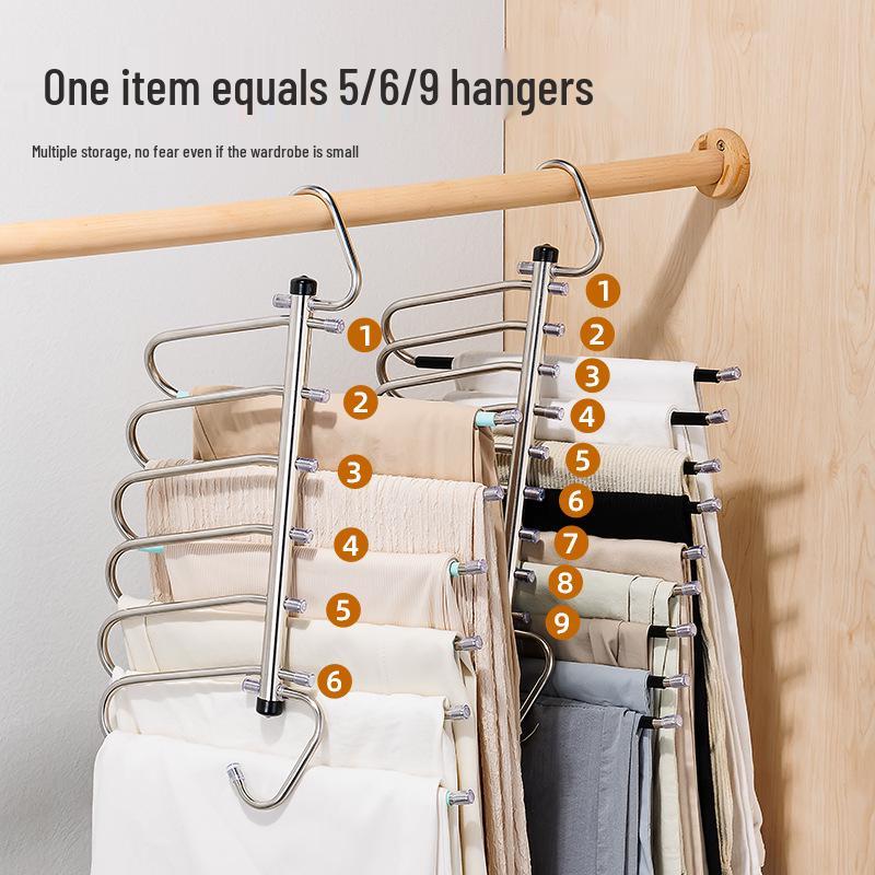 Stainless Steel Multi-Layer Folding Clothes & Pants Rack - Non-Slip, Retractable with Clips for Dormitory Use.