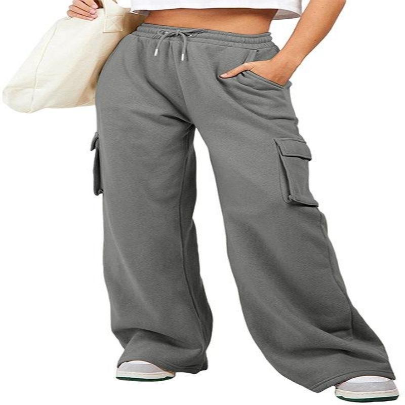 Women's Solid Color Drawstring High Waist Cargo Pocket Wide Leg Sweatpants Casual Loose Fit Sport Trousers
