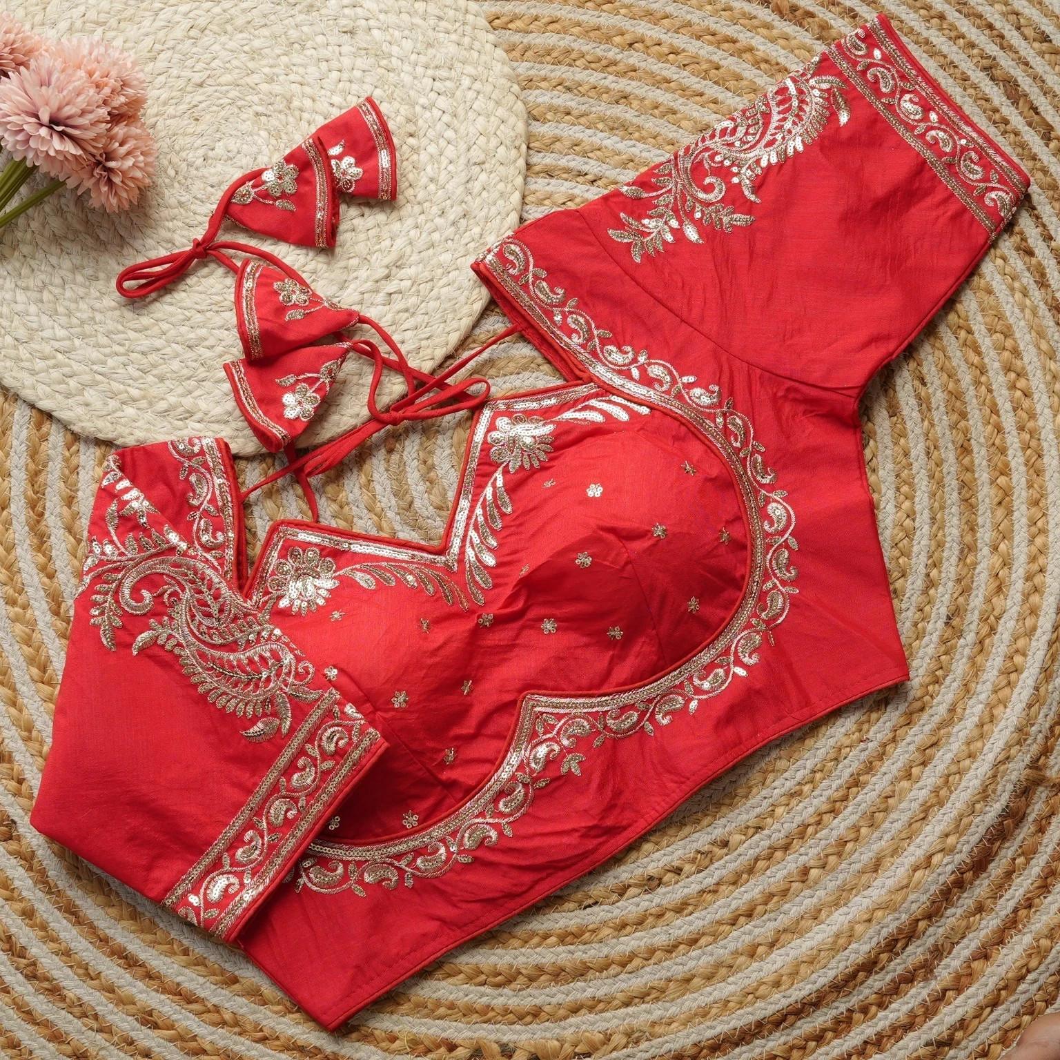 Beautiful Embroidery Red Silk Choli Indian Women s Readymade Half Sleeves Blouse 2XS