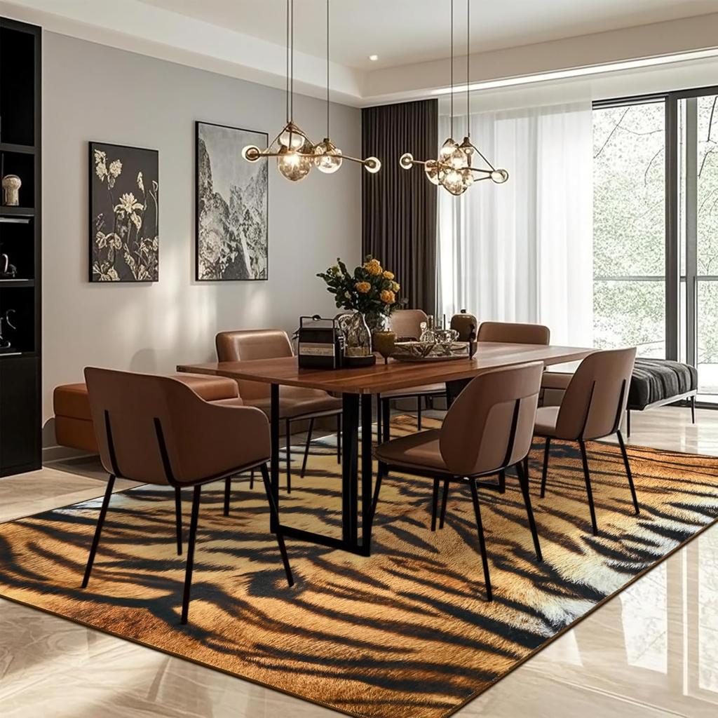 Teppich mit Tigerstreifen-Tierprint-Thema, rutschfeste Matte mit Wildleder-Design für Wohnzimmer & Schlafzimmer, kräftiger exotischer dekorativer Teppich