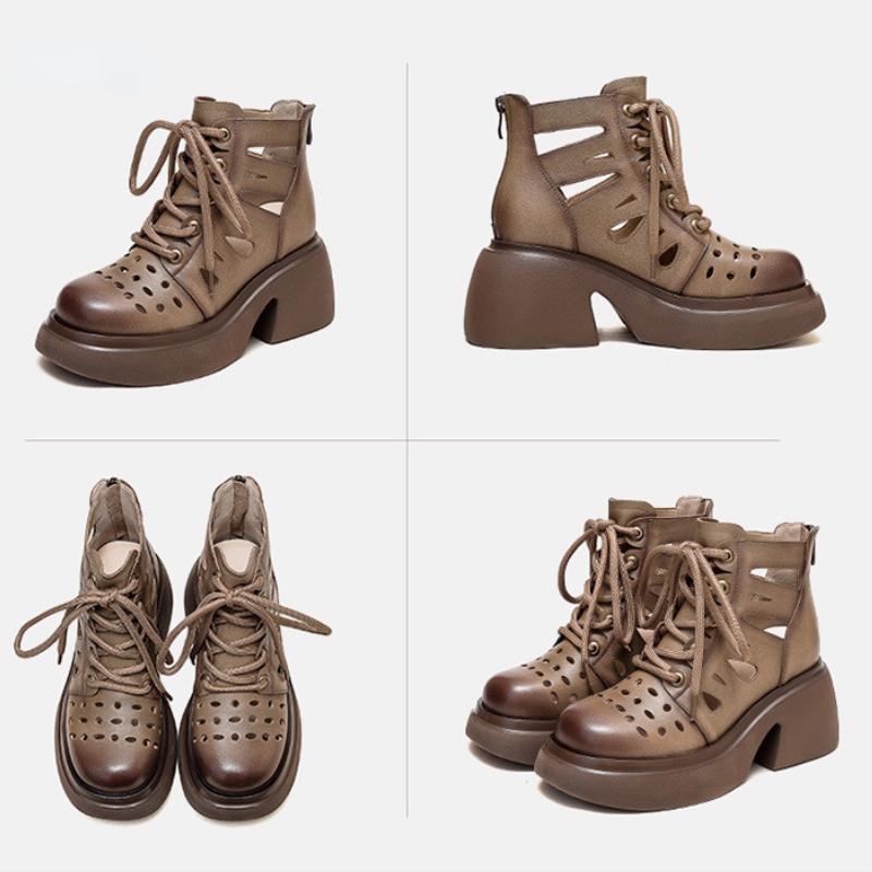 Johnature Retro Genuine Leather Thick Sole Lace-up Roman Sandals 2023 Summer New Round Toe Hollowed Out Thick Heeled Women Shoes