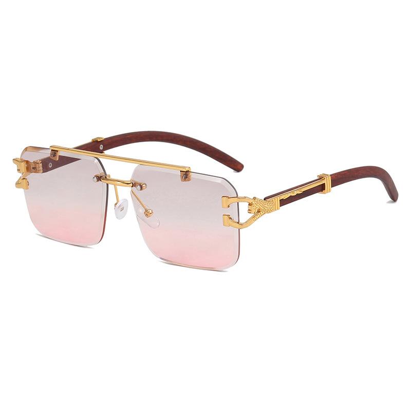 Double beam sunglasses frameless trimmed square sunglasses new European and American fashion leopard tide sunglasses wood grain