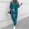 Women Floral Print Two Piece Outfit, Long Sleeve Crew Neck Top & Drawstring Jogger Pants Casual Tracksuit for Spring Autumn