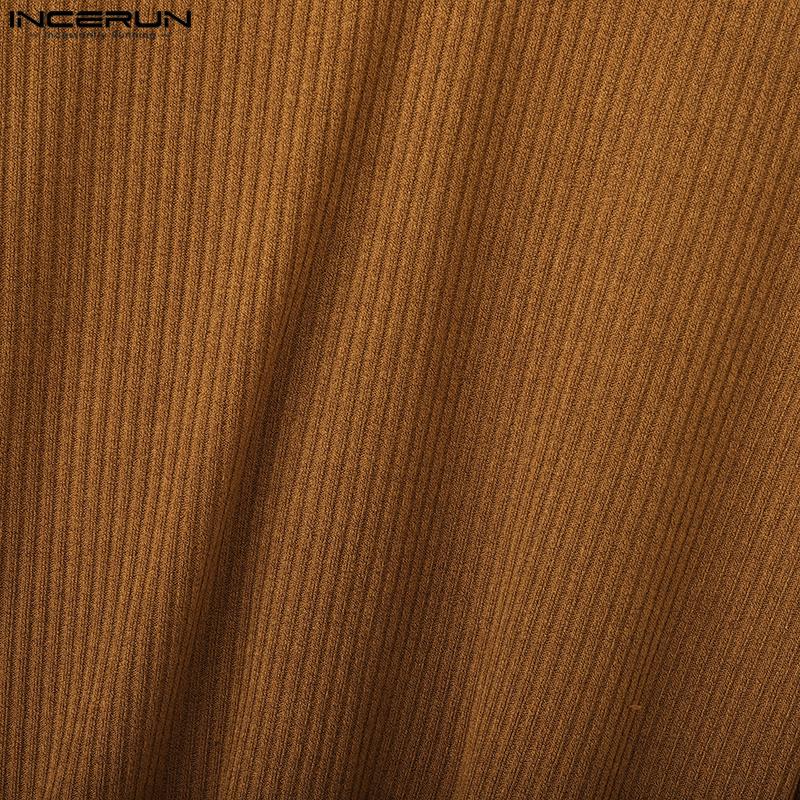 INCERUN Autumn Men Lapel V Neck Long Sleeve Texture Ribbed Knitted Casual Pullover Tops