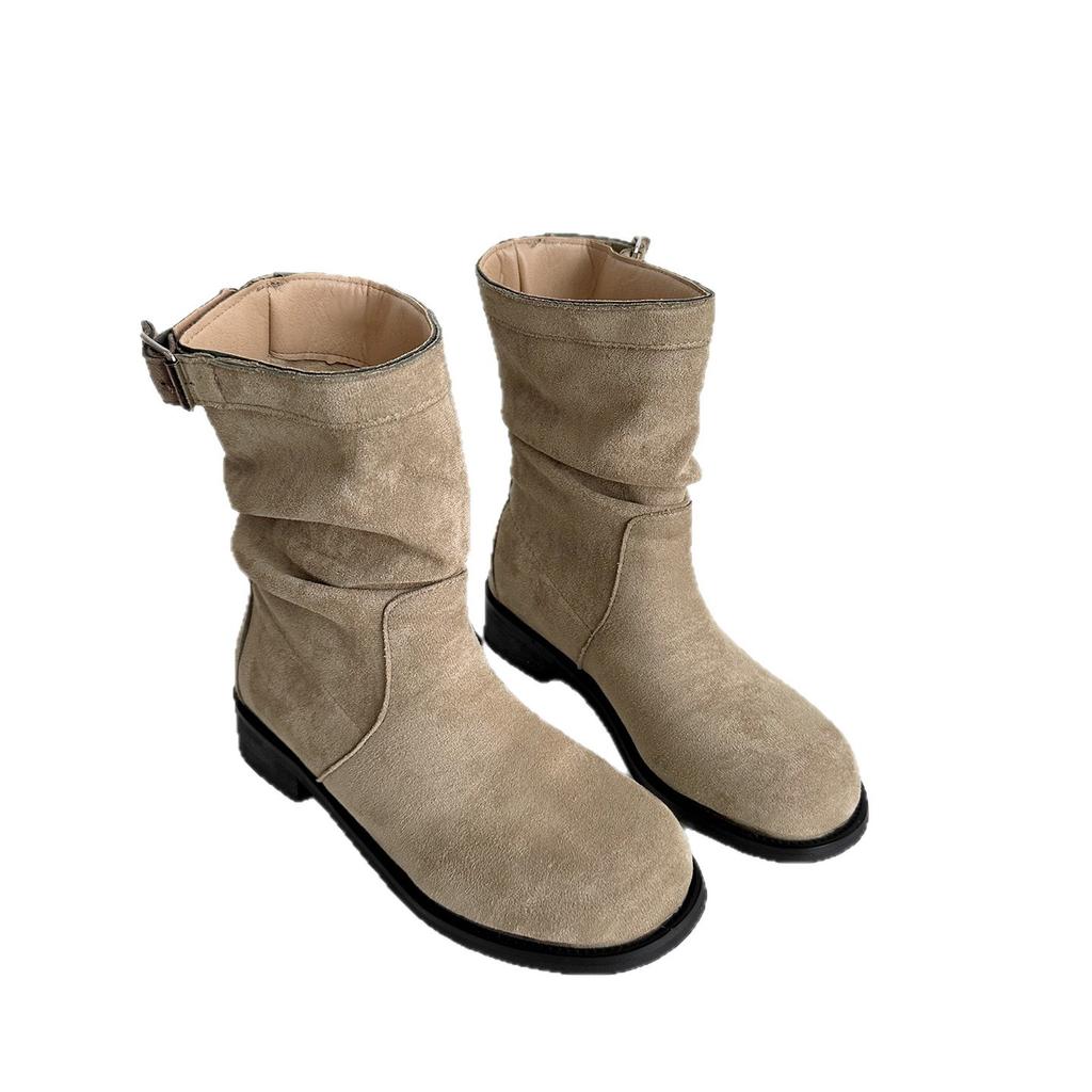 Retro Short Boots Women's 2025 Autumn and Winter New Versatile Medium Tube Knight Stacking Boots Flat-bottomed Sleeve Suede Martin Boots