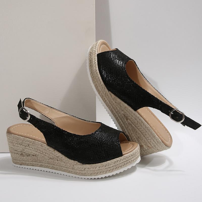 Fashion Sexy Black Peep Toe Sandals Women 2025 Summer Wedge Heels Back Strap Shoes Women Casual Hemp Sole Beach Sandals Plus Size 43