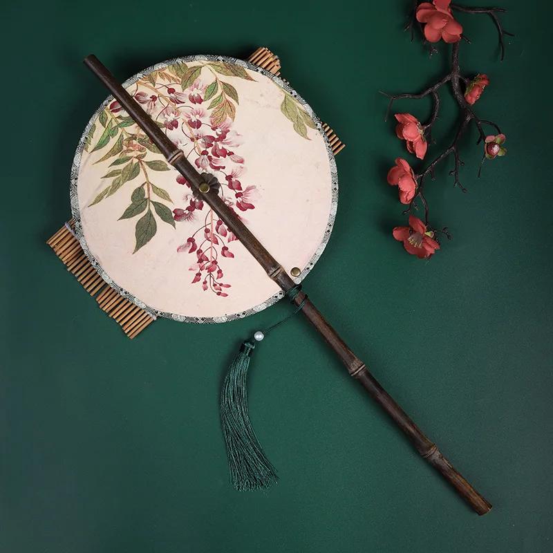 Chinese Style Purple Bamboo Long Handled Tassel with Curly and Winding Fan Hanging Waist Fan Ancient Style Group Fans