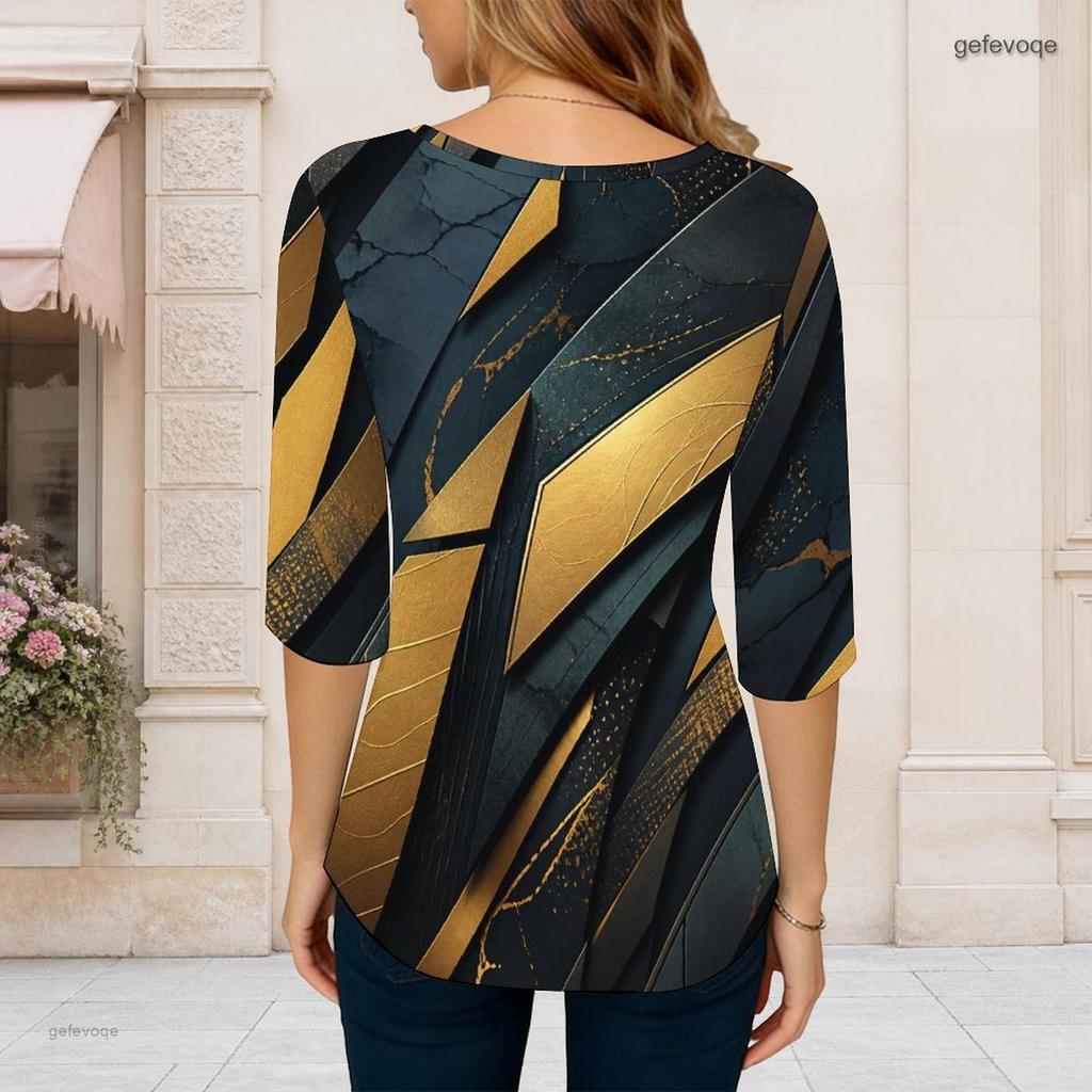 Women Plus Size Round Neck Three Quarter Sleeve Abstract Printed Off White T Shirt