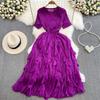 Gentle wind fairy long dress celebrity temperament Miyake pleated round neck waist thin a word ruffle edge dress summer