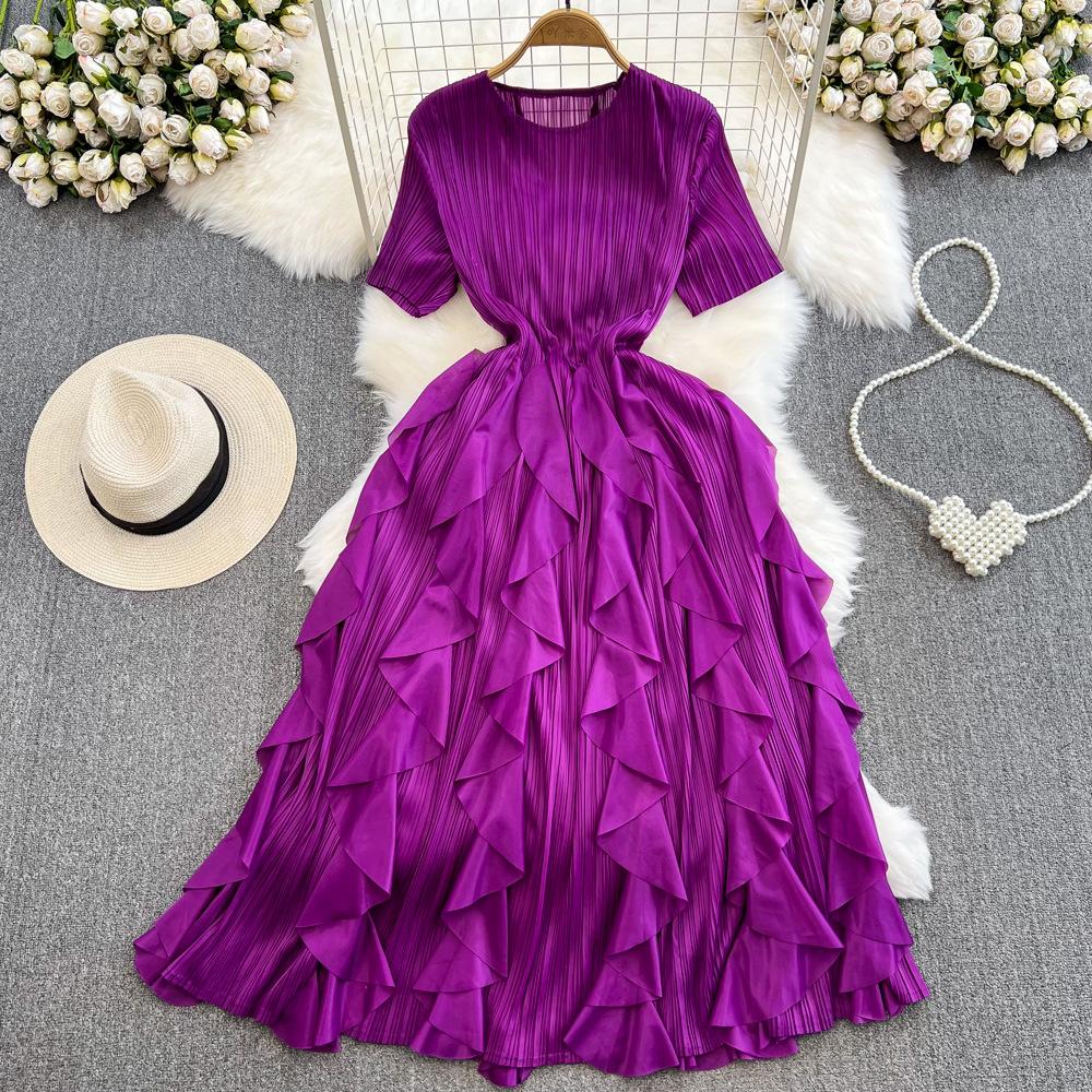 Gentle wind fairy long dress celebrity temperament Miyake pleated round neck waist thin a word ruffle edge dress summer