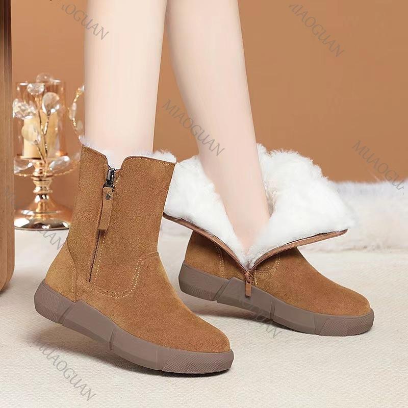 Snow Boots Women Fur Winter Shoes Padded Warm Casual Ankle Boots Retro Round Toe Suede Side Zip Short Botines Solid Ladies Shoes