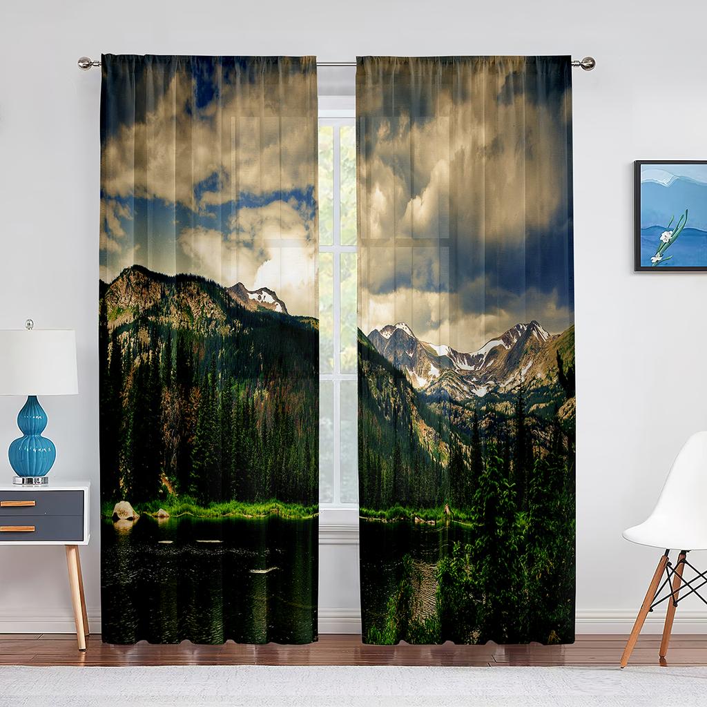 Autumn Mountains Forest Rivers Landscape Tulle Curtains for Living Room Decoration Chiffon Sheer Voile Kitchen Bedroom Curtain