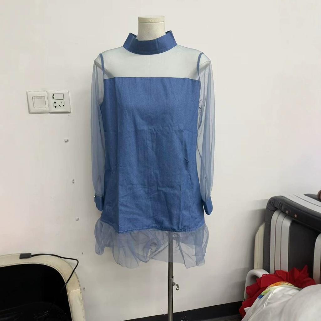 Urban Minimal Denim Dress,Women Summer Slimming Mini Dress with Lantern Sleeves Fake Collar Splicing