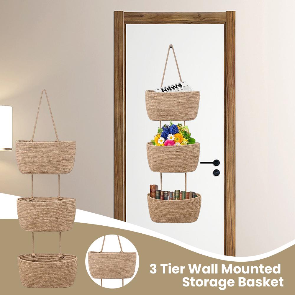 3-Tier Woven Storage Basket Wall Mounted Basket for Organizing Living Room