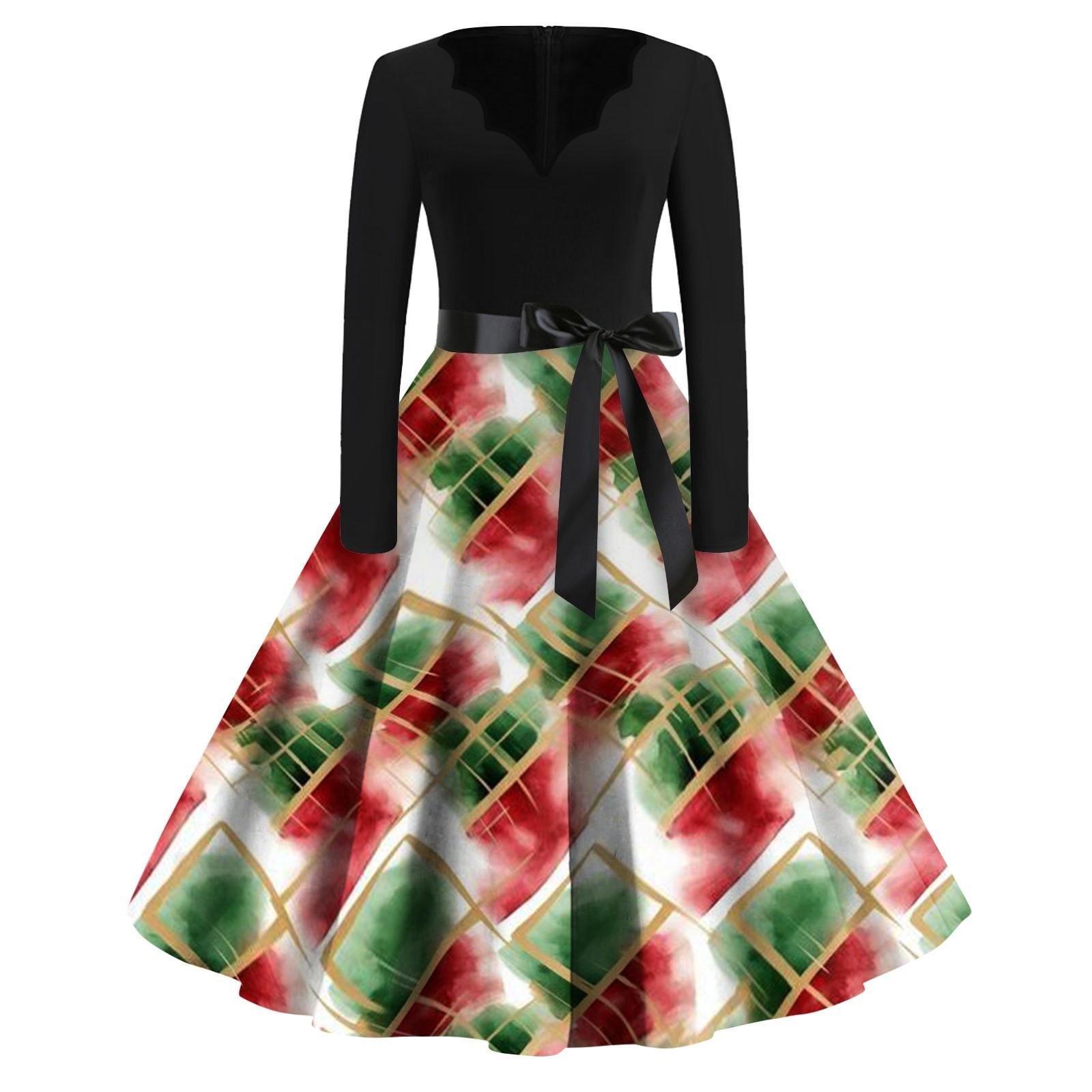 

Женское повседневное модное длинное платье с V-образным вырезом и длинным рукавом с рождественским принтом в винтажном стиле M