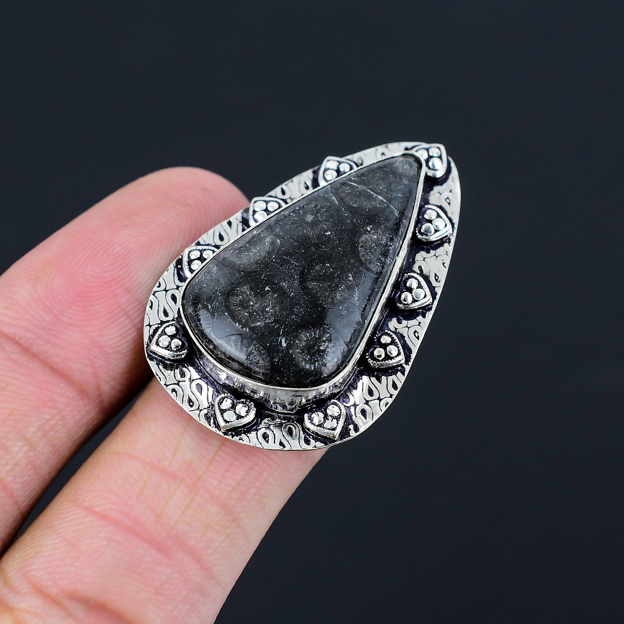 Pear Natural Black Fossil Coral Sterling Silver Artisan Promise Ring Size 7.5 7.5