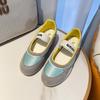 2025 New Spring and Summer Leather Mesh Color Matching Flat-soled Single Shoes Women's Round Head and One Pedal Casual Mary Jane Shoes Women