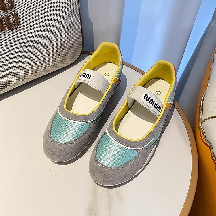 2025 New Spring and Summer Leather Mesh Color Matching Flat-soled Single Shoes Women's Round Head and One Pedal Casual Mary Jane Shoes Women
