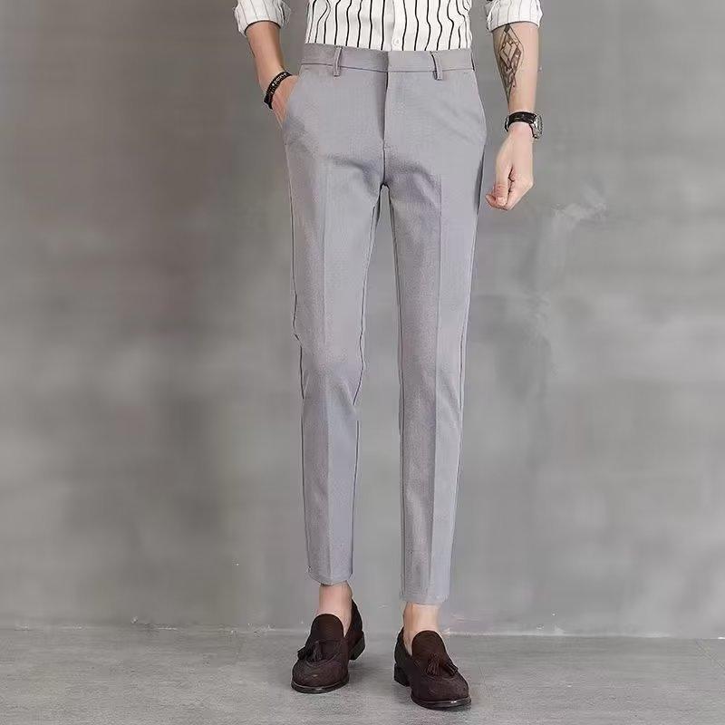 Men's Elastic Straight Leg Pants, Business Casual Cropped Pants, Men's Formal Suit Pants, Solid Color
