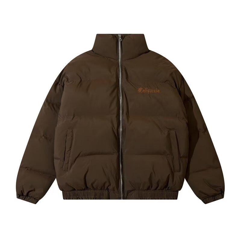 

Мужское зимнее теплое хлопковое пальто с высоким воротником и цветочной вышивкой, свободный американский стиль, повседневная куртка на молнии M коричневый