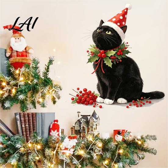 Winter Home Atmosphere Stickers Christmas Cute Black Cat Wall Sticker PVC Decal with Polka Dot Cone Hat Party Supplies And Red Berries Waterproof