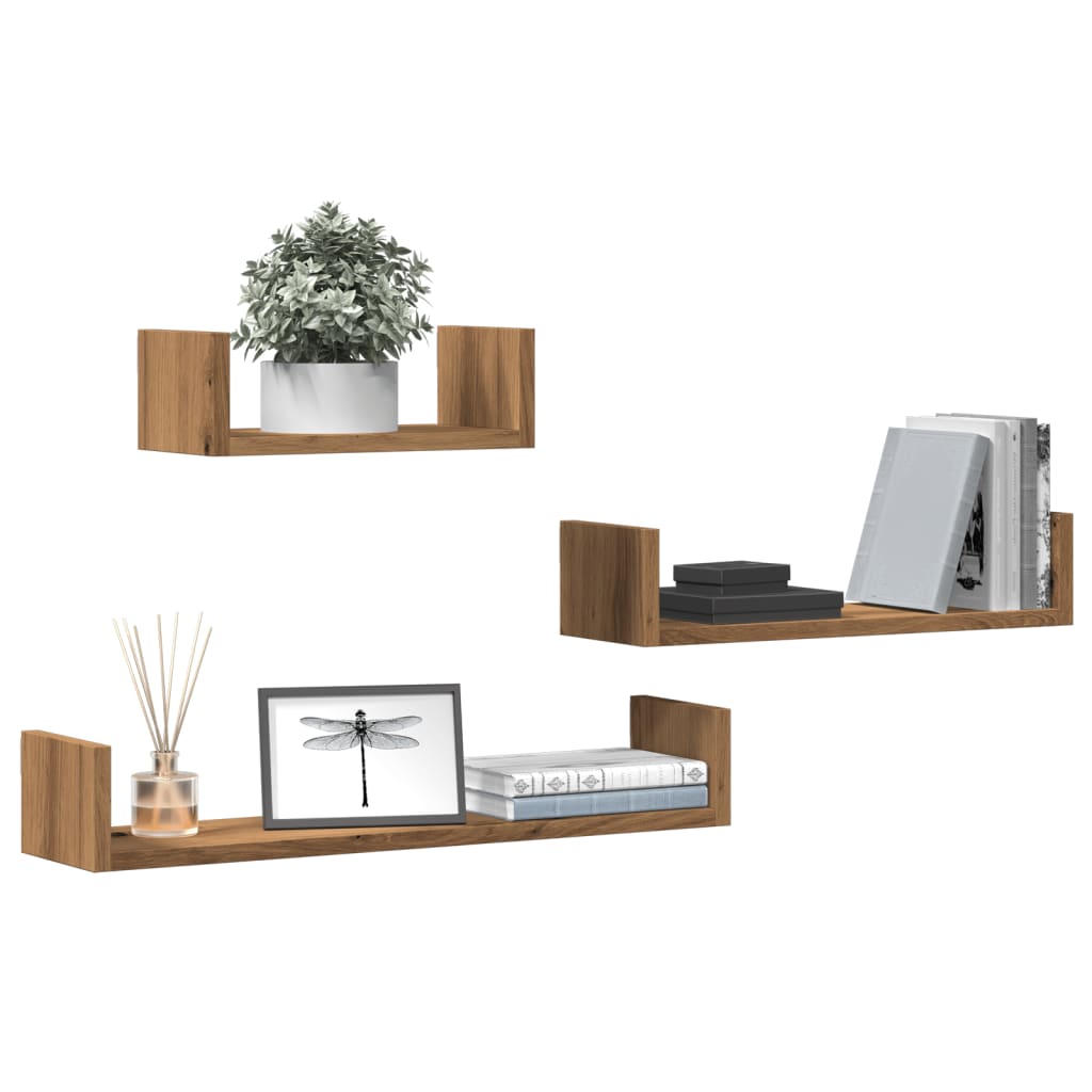 3-Piece wall decoration storage shelf, decorative wall-mounted display rack, artist oak engineered wood