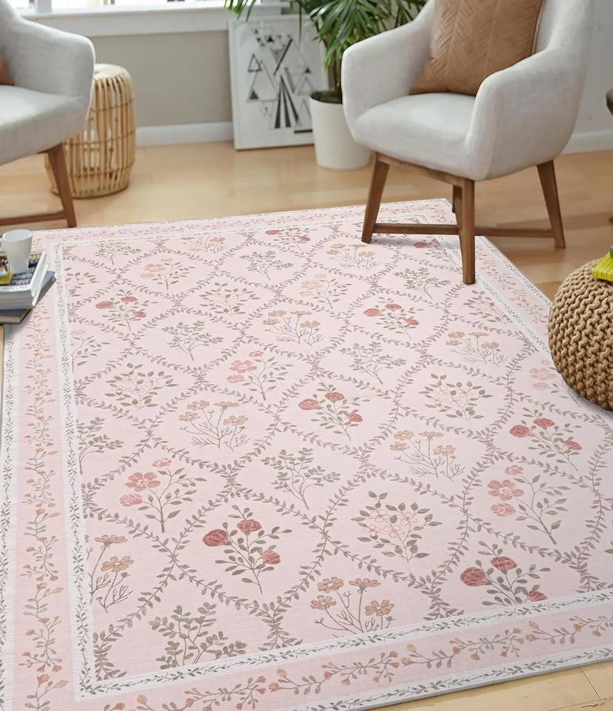 Floral Living Room Carpet Large Area Pastoral Style Print Bedroom Plush Rug Home Decoration Machine Washable Non-slip Floor Mats