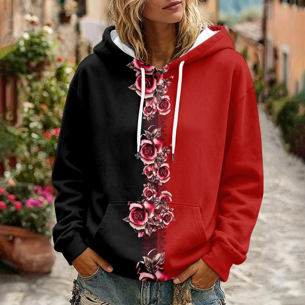 Women's Floral Print Long Sleeve Hoodie with Pockets and