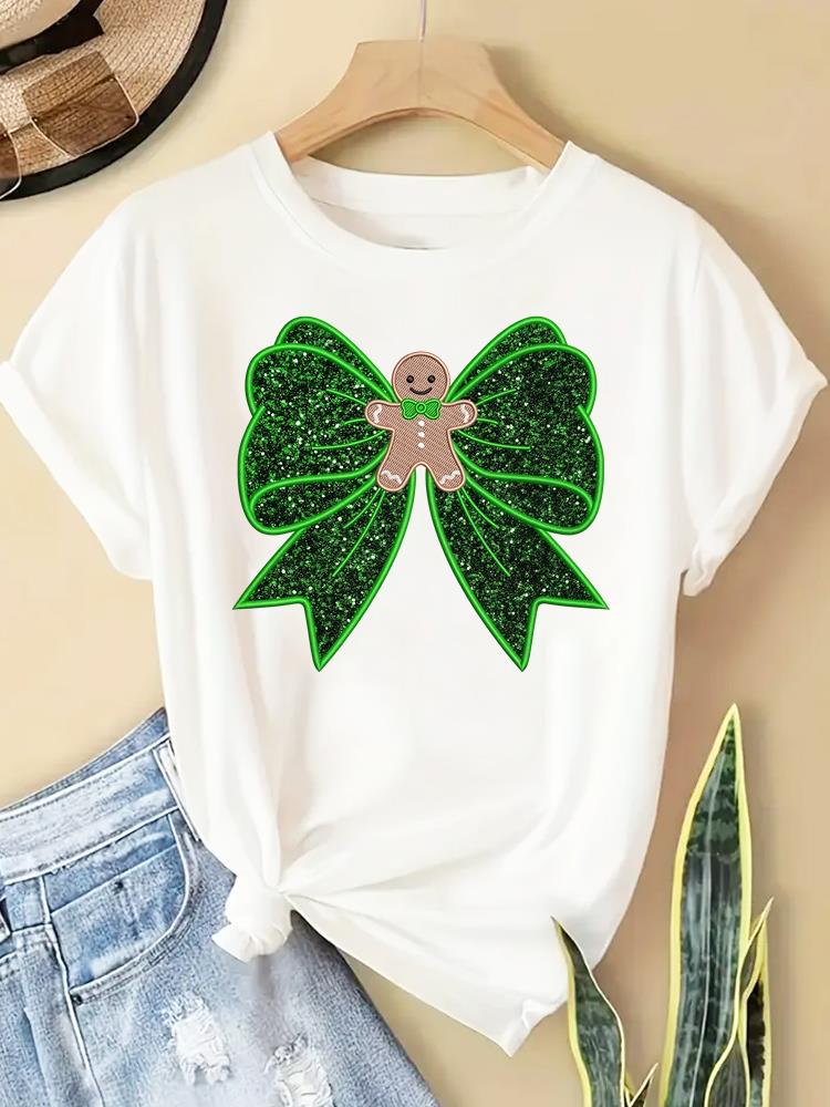(Asian Size) New Year T Clothing Short Sleeve T-shirts  Print Merry Christmas Letter 90s Trend Cute O-neck Women's Top Fashion Holiday Graphic Tee