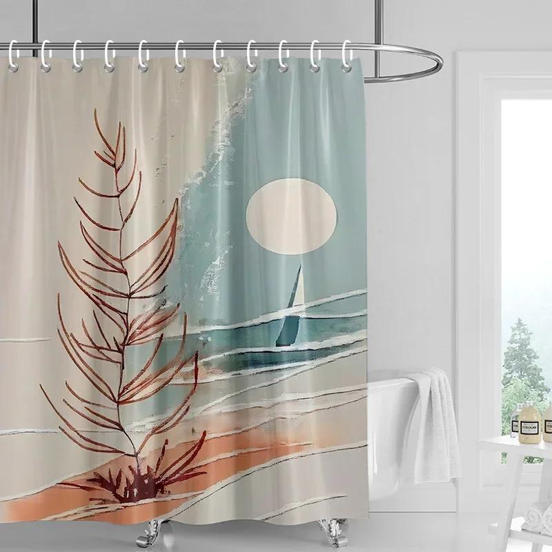 Nordic Style Bathroom Soft Fabric Shower Curtain Abstract Tropical Plant Art Pattern Waterproof Bathroom Decorative Curtain
