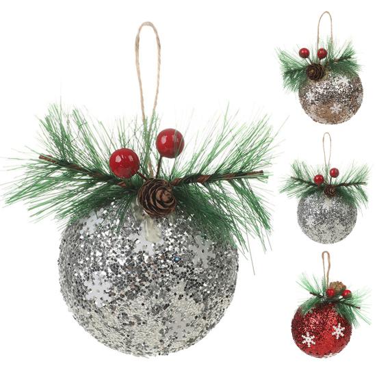 Glitter Christmas Ball Ornament Sequins Foam Ball Ornaments with Berry Pinecones Christmas Tree Hanging Decorations for Holiday Home Party Decor