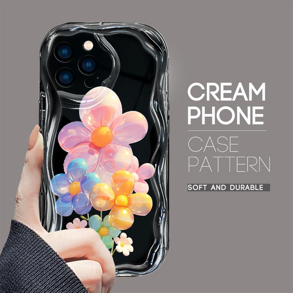 For iPhone 16 15 14 13 12 Pro Max Samsung S24 Ultra S23 S22 Plus Redmi Note 13 Pro Balloon Flowers Cream Texture Soft Silicone Cover Phone Case