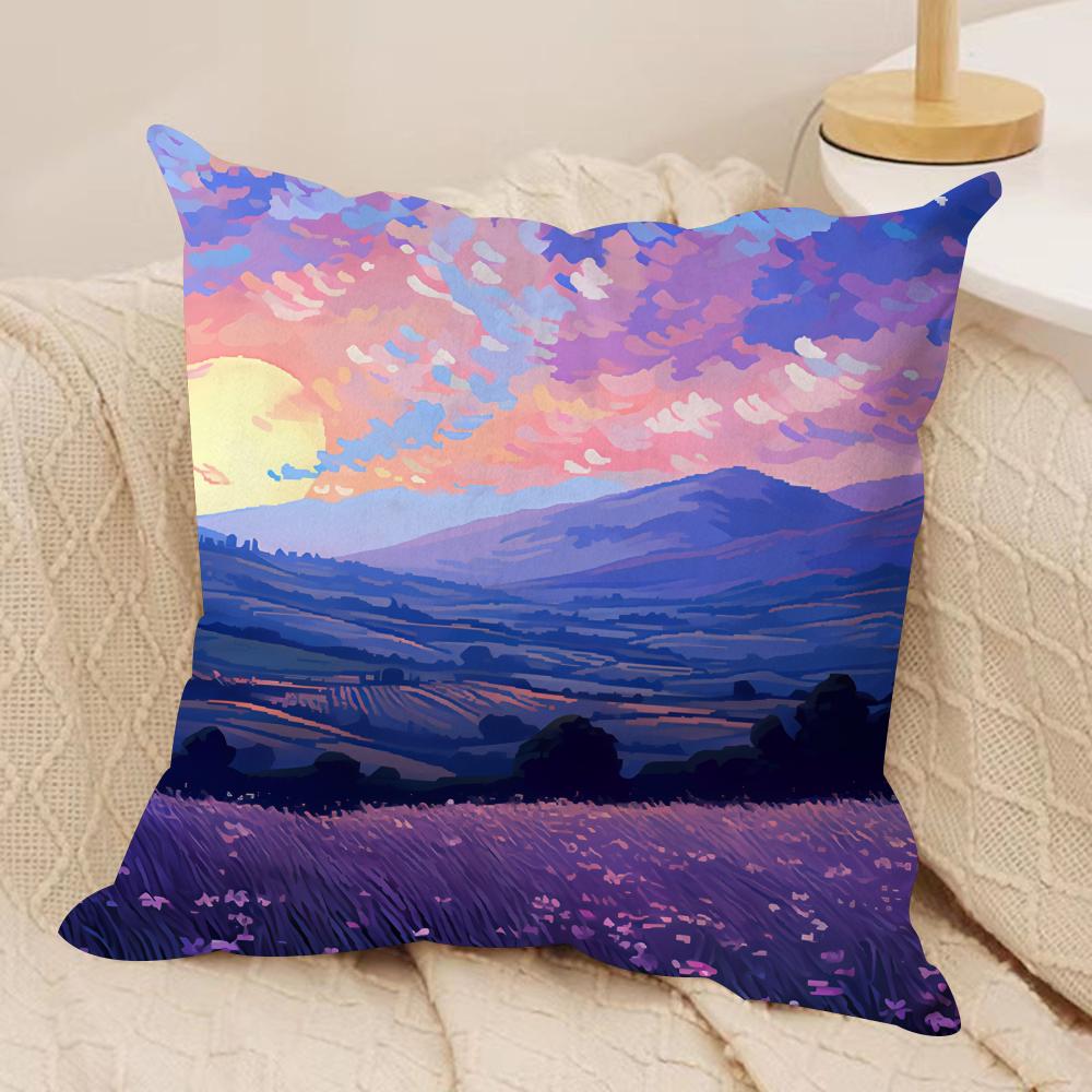 Anime Scenery Design Cushion Cover Silky Short Plush Invisible Zipper Dustproof Sofa Pillow Case for Home Decor