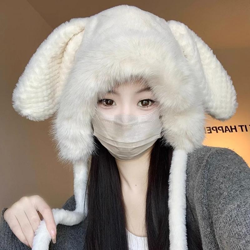 Cute Rabbit Ear Plush Warm Hat for Women Soft Faux Fur Ear Protection Beanies Cap Korean Girl Solid Color Windproof Snow Caps