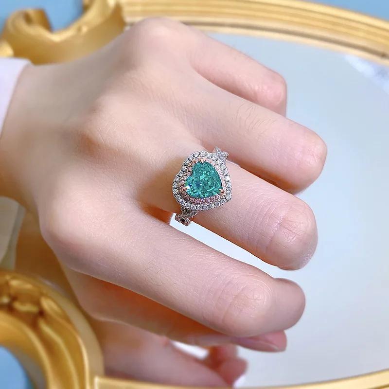 SpringLady 925 Sterlingsilber 8MM Herz Crushed Ice Schliff Paraiba Turmalin Hochkarbon Diamanten Edelstein Echtschmuck Ring