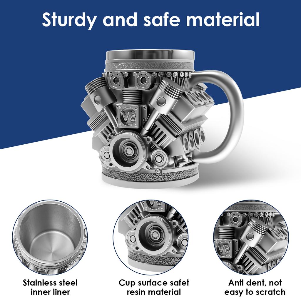 Engine Coffee Mug 350ml Creative Car V8 Engine Coffee Cup with Handle Novelty Stainless Steel Beverage Mugs for Car Lovers Gifts