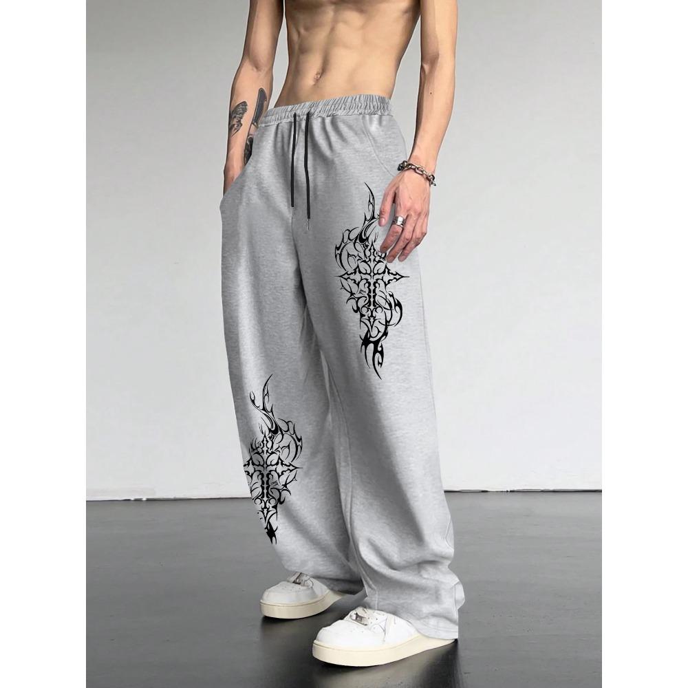 Men's Fashionable Casual Loose Wide Leg Pants with Totem Print Design, Street Hip-hop Style Hanging Sports Pants, Casual Outdoor