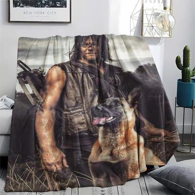 1 szt. Koc flanelowy z nadrukiem Daryla Dixona z The Walking Dead, Wysoka jakość, Wygodny na każdą porę roku, Wystrój domu, Ciepło i komfort, Idealny na prezenty