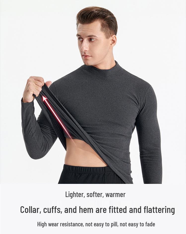 Men's Velvet Base Layer Semi-High Neck Fleece Long Sleeve Warm Top