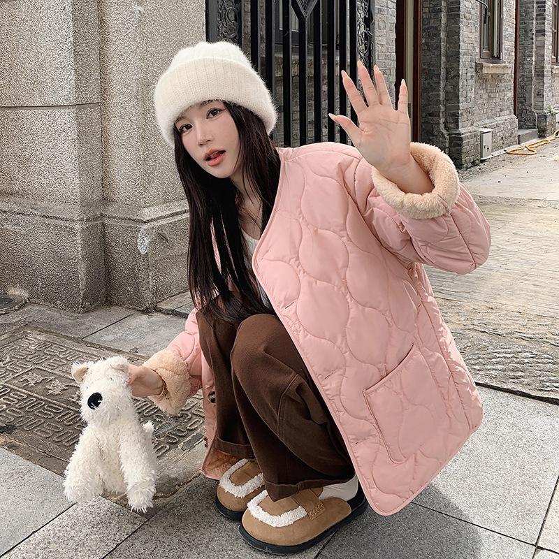 Sheep Wool Cotton Coat for Women, Autumn and Winter New Korean Style Thickened Round Neck Sheep Wool Jacket Cotton Padded Coat