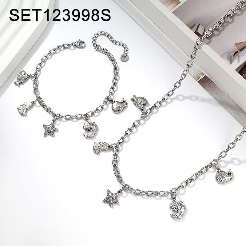 Gold-Plated Titanium Ocean-Inspired Necklace & Bracelet Set with Starfish and Fish Pendants - Versatile Women's Jewelry